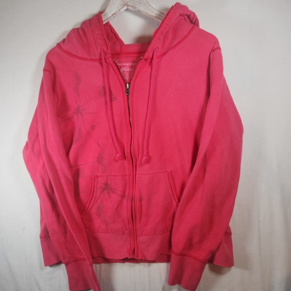 Y2k American Eagle Outfitters Pink Floral Zip Up Hoodie New York Graphic Medium